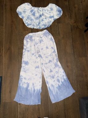 Light Blue Tie-Dye Swim Coverup Set - Relaxed Wide Leg Pants & Crop Top